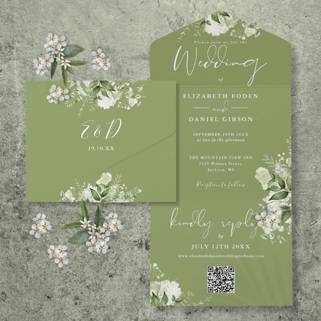 Convite de Casamento Floral Verde Musgo com Código (Moss Green Floral QR Code Monogram Wedding All In One Invitation)