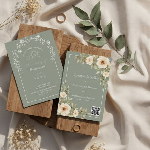 Convite de Casamento Floral Verde Musgo Rústico