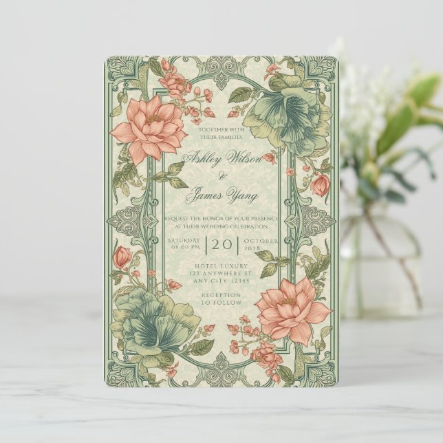 Convite de Casamento Floral Verde Rosa Botânico (Em pé/Frente)