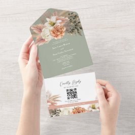 Convite de Casamento Floral Verde Sage Código QR