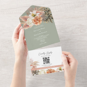 Convite de Casamento Floral Verde Sage Código QR