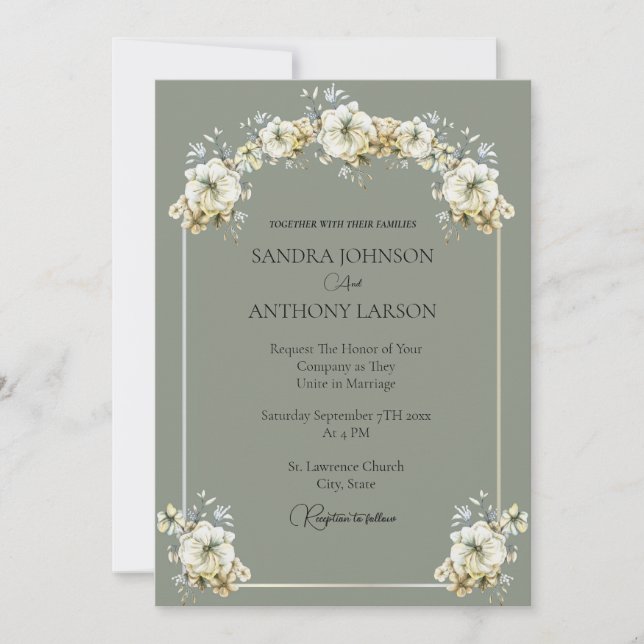 Convite de Casamento Floral Verde Sage Elegante (Frente)