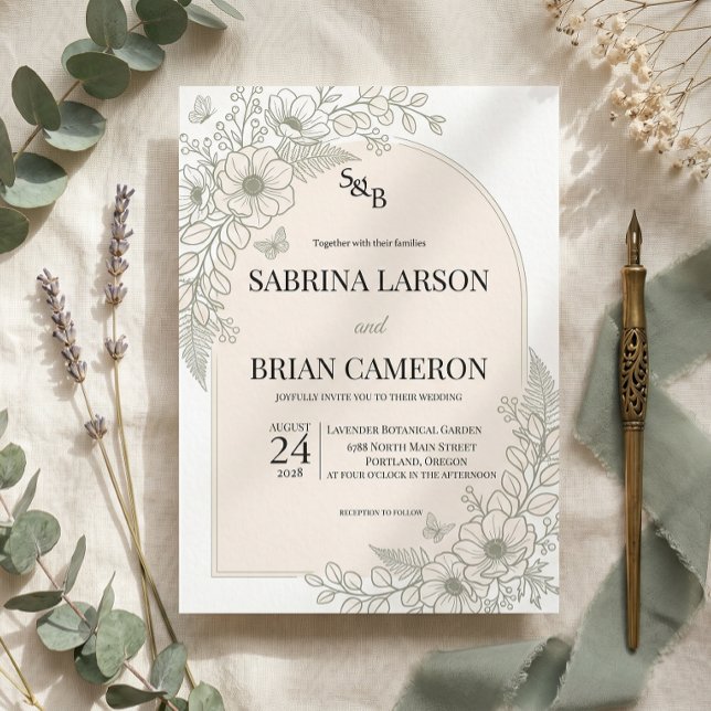 Convite de Casamento Floral Verde Sage Elegante (Criador carregado)