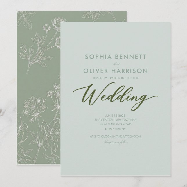 convite de casamento floral verde sage formal clás (Frente/Verso)