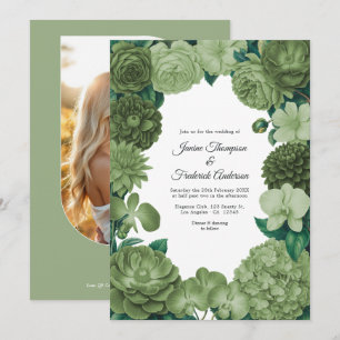Convite de Casamento Floral Verde Salvia com Foto 