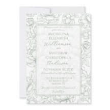 Convite de Casamento Floral Verde Sálvia Elegante 