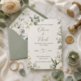Convite de Casamento Floral Verde Salvia Romântico