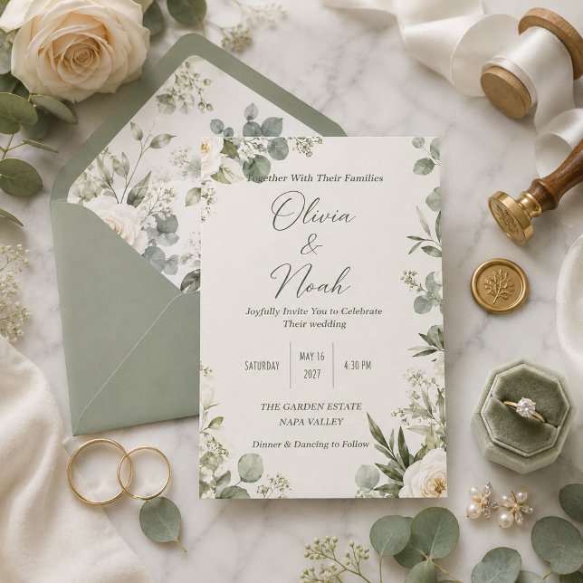 Convite de Casamento Floral Verde Salvia Romântico (Criador carregado)