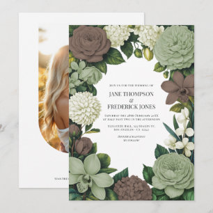 Convite de Casamento Floral Verde Salvia, Taupe e 