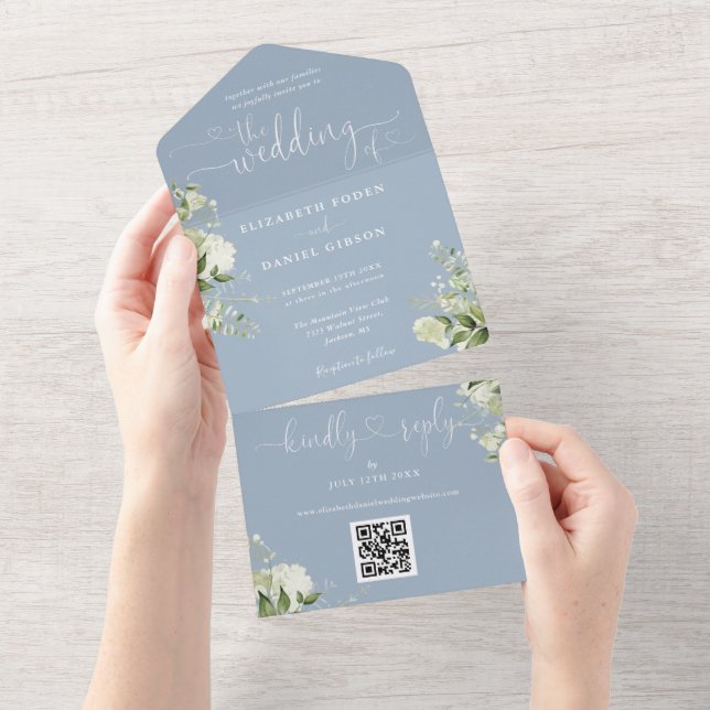 Convite de Casamento Floral Verde Script Azul Poei (Tearaway)