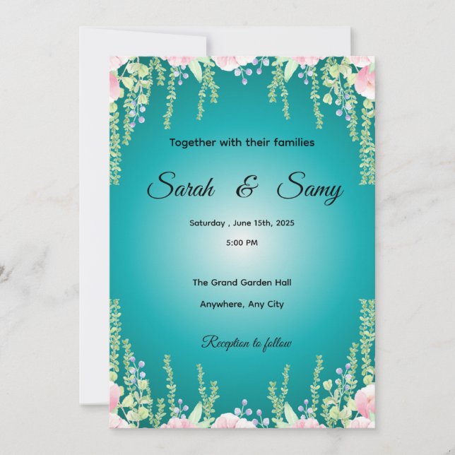 Convite de Casamento Floral Verde Turquesa | Elega (Frente)