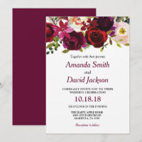 Convite de Casamento Floral Vermelho Borgonha Aqua