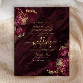 Convite de Casamento Floral Vermelho Borgonha Dour
