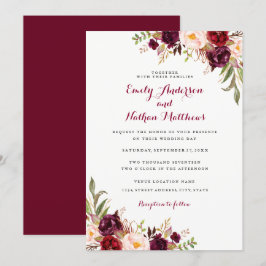 Convite de Casamento Floral Vermelho Borgonha Outo