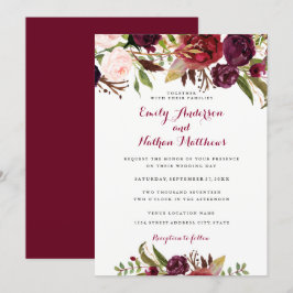 Convite de Casamento Floral Vermelho Borgonha para