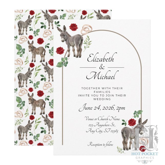 Convite de Casamento Floral Vermelho Burro Rústico (Criador carregado)