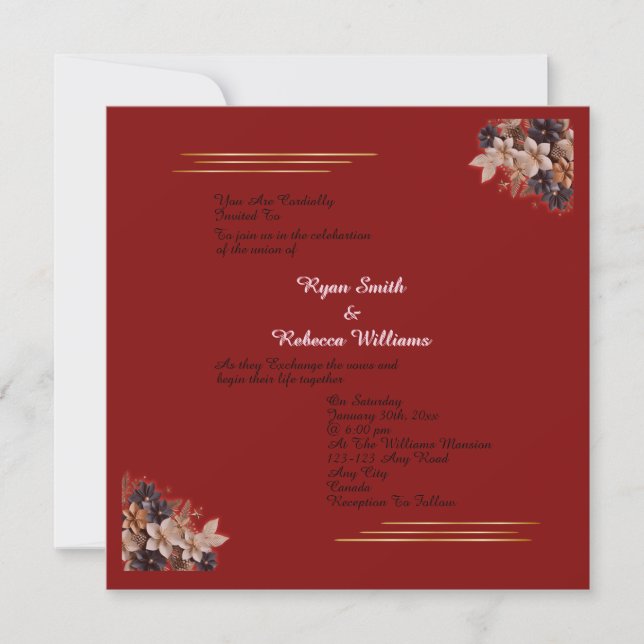 Convite de Casamento Floral Vermelho Convite Quadr (Frente)