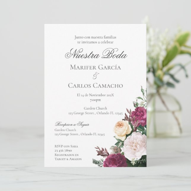 Convite de casamento floral vermelho Convite Spa (Em pé/Frente)