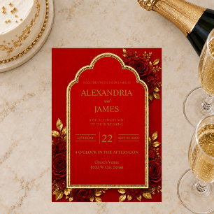 Convite de Casamento Floral Vermelho e Dourado