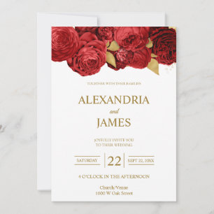 Convite de Casamento Floral Vermelho e Dourado