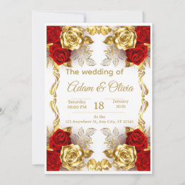 Convite de Casamento Floral Vermelho e Dourado de
