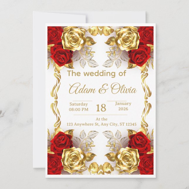 Convite de Casamento Floral Vermelho e Dourado de  (Frente)