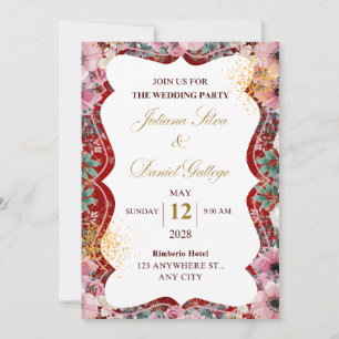 Convite de casamento floral vermelho e rosa