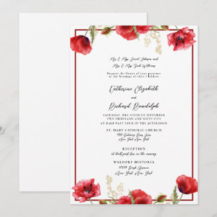 Convite de Casamento Floral Vermelho Formal Vermel
