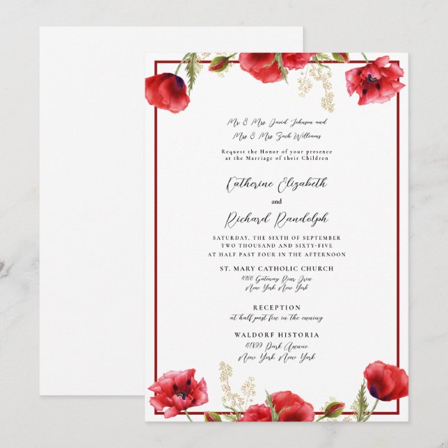 Convite de Casamento Floral Vermelho Formal Vermel (Frente/Verso)