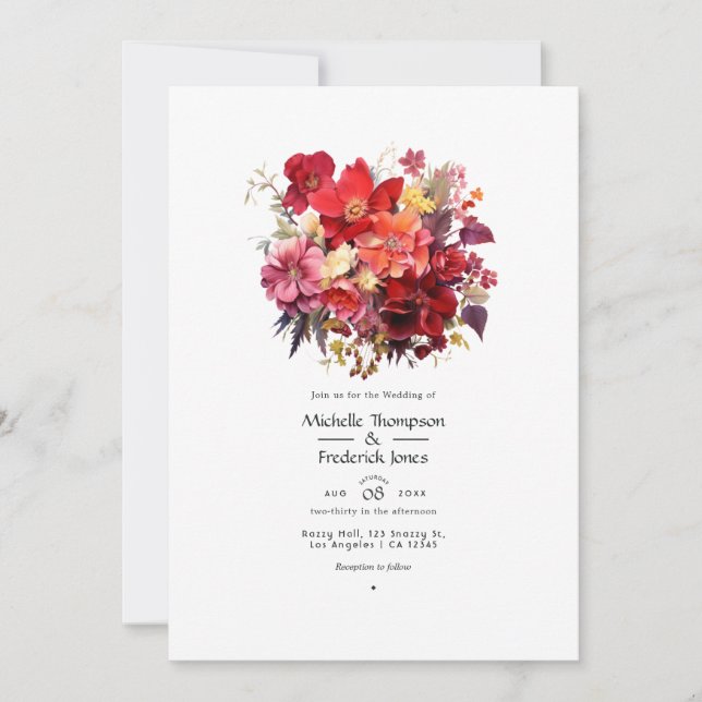 Convite de Casamento Floral Vermelho Luxuriante (Frente)