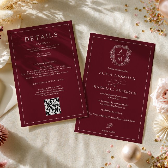Convite de Casamento Floral Vermelho Old Money com (Old Money Red Floral Crest Qr Wedding All in one Invitation)