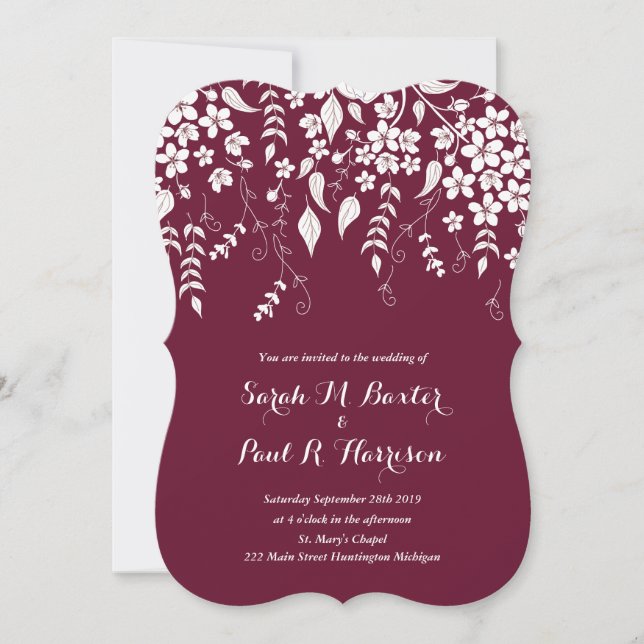 Convite de Casamento Floral Vinho Marrom (Frente)