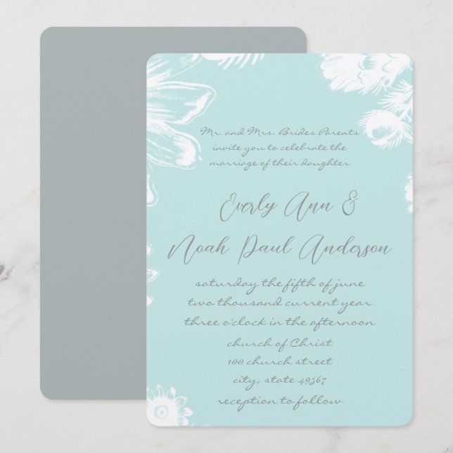 Convite de Casamento Floral Vintage Aqua Azul Teal (Frente/Verso)
