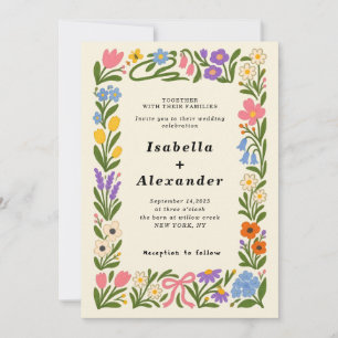 Convite de Casamento Floral Vintage Colorido Retro