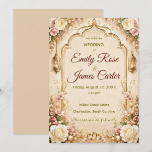Convite de Casamento Floral Vintage & Dourado Eleg