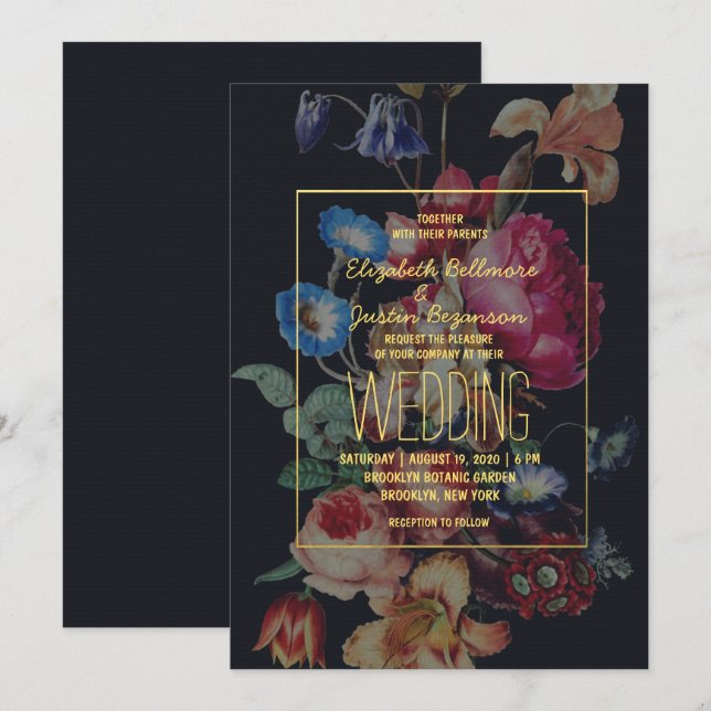 Convite de Casamento Floral Vintage Escuro (Frente/Verso)