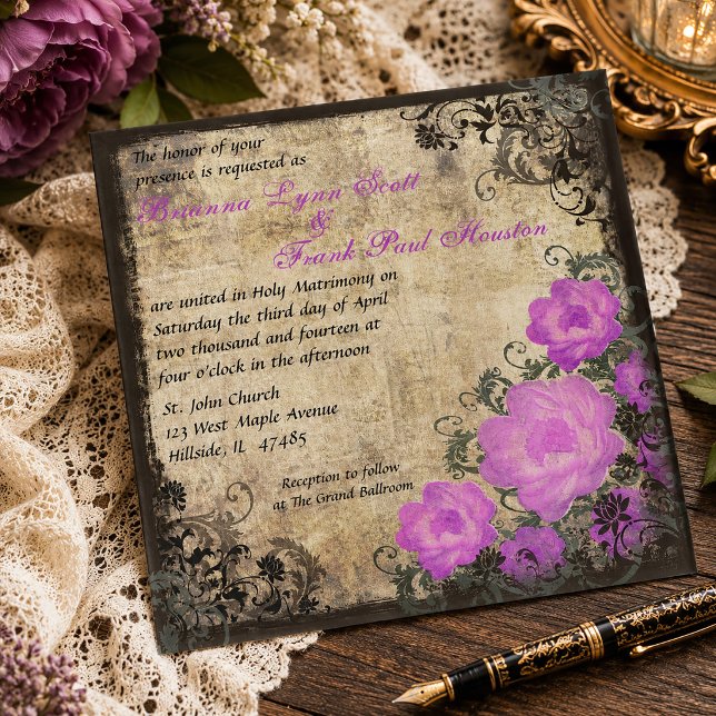Convite de Casamento Floral Vintage Peônias Roxas  (Purple Peonies Floral Vintage Wedding Invitation)