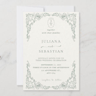 Convite de Casamento Floral Vintage Verde Sage Ele