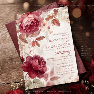 Convite de Casamento Floral Vintage Vermelho Borgo