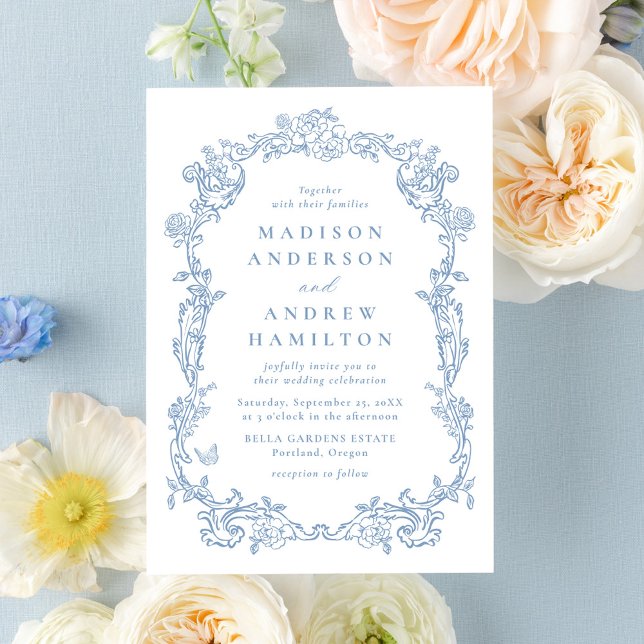 Convite de Casamento Floral Vitoriano em Azul Poei (Criador carregado)
