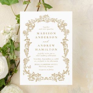 Convite de Casamento Floral Vitoriano em Ouro Eleg