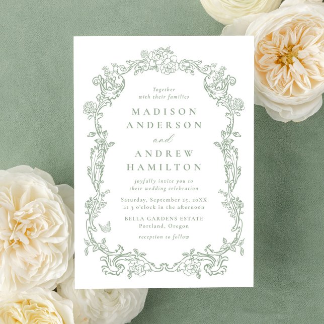 Convite de Casamento Floral Vitoriano em Verde Sag (Criador carregado)