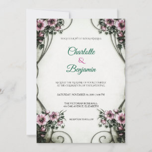 Convite de Casamento Floral Vitoriano Rosa Elegant