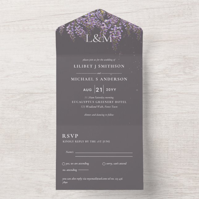 Convite de Casamento Floral Wisteria 3em1 com RSVP (Interno)