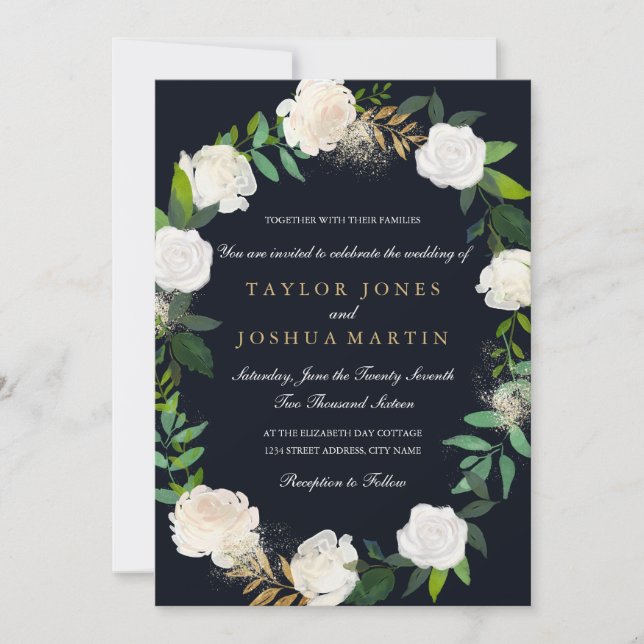 Convite de Casamento Floral Wreath Blush Navy Gold (Frente)