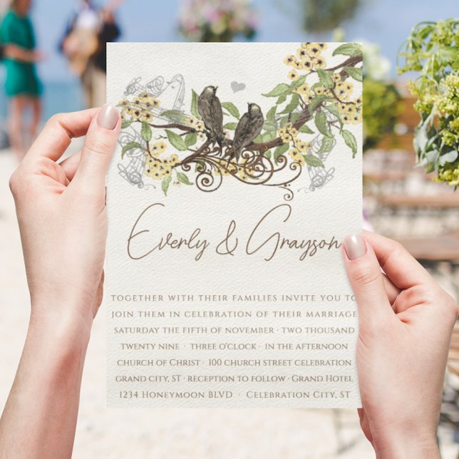 Convite de Casamento Flores Amarelas Marrons Vinta (Criador carregado)