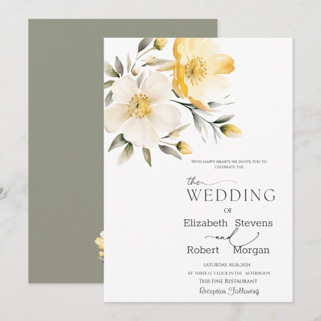 Convite de Casamento Flores Brancas Amarelo Aquare (Frente/Verso)
