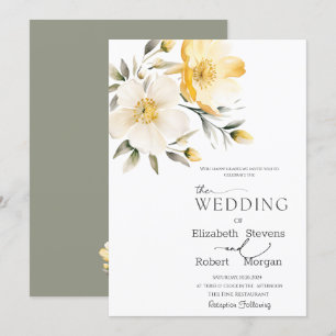 Convite de Casamento Flores Brancas Amarelo Aquare