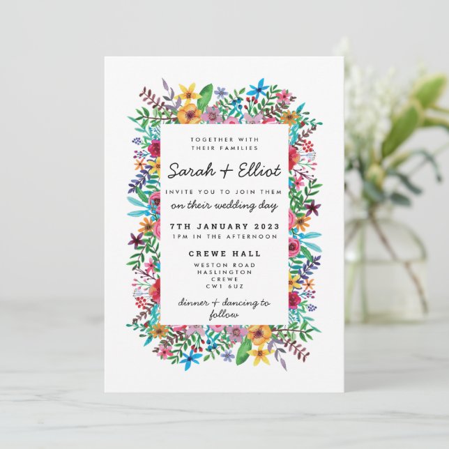 Convite de Casamento Flores Coloridas (Em pé/Frente)