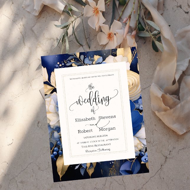 Convite de Casamento Flores de Creme Azul Chic Nav (Criador carregado)